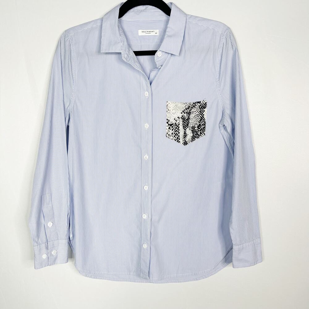 Equipment Small S Blue White Leema Striped Snakeprint Pocket Oxford Button Down